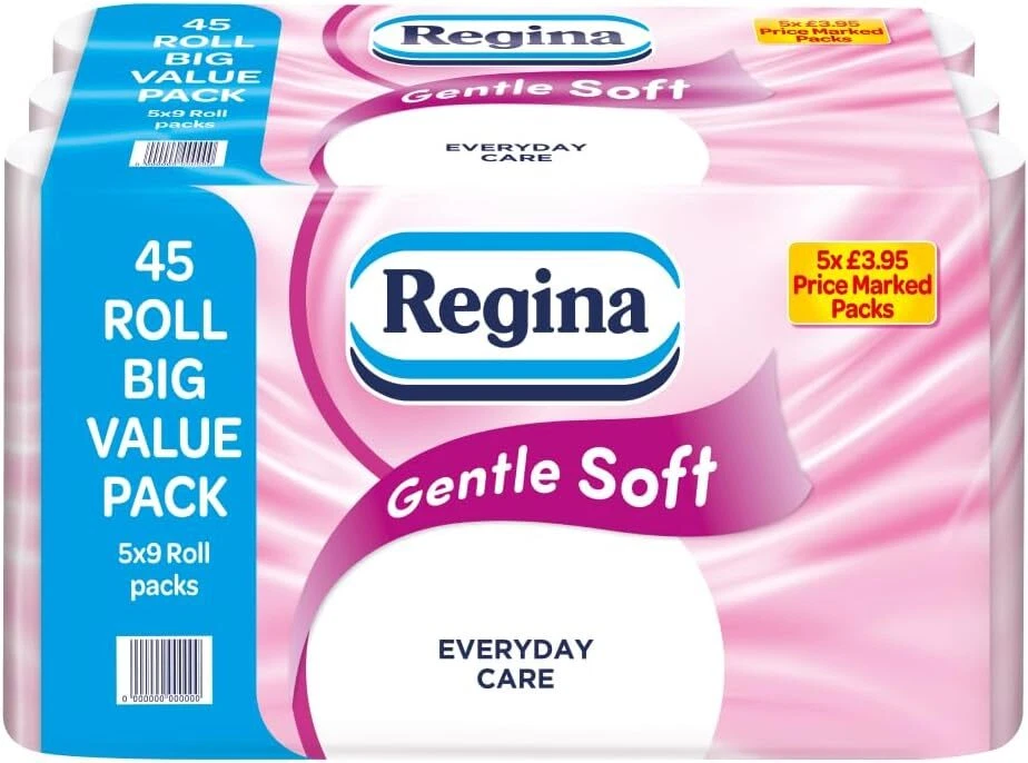 Papel higiénico suave suave Regina - 45 rollos de papel higiénico de 3 capas, 160 hojas,