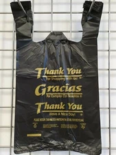 1/6 Large 21x6.5 x11.5 BLACK Thank You T-Shirt Plastic Grocery Shopping Bags 100