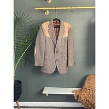Pendleton VTG Mens Western Sport Coat 42R Brown Herringbone Tweed Suede Patches