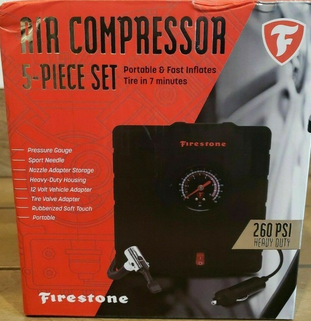 Firestone 5 PC Portable Air Compressor Set 260 PSI 12v Built in