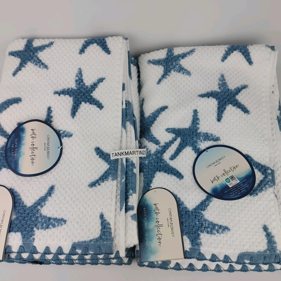 4 Set Cynthia Rowley 2 Bath & 2 Hand Towels Starfish Coastal Texture White Blue - Image 2 of 4