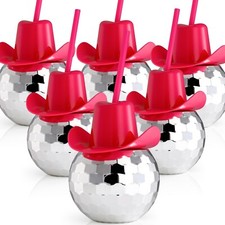 6 Packs Disco Ball Cup Pink Straw, 22 OZ Flash Ball Party Cups with Cowboy Ha...