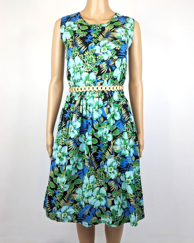 Vtg 80s Women Green Blue Black Floral Print Cotton Sundress Size 8 AUSTRALIA