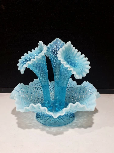 VINTAGE 10 3/4" FENTON SEA BLUE HOBNAIL DIAMOND LACE OPALESCENT FLOWER EPERGNE