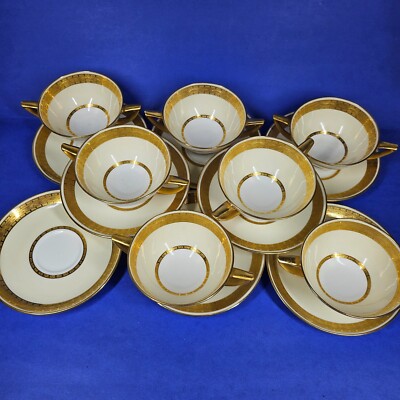 Minton Embassy - 7 Two Handled Cream Soup Bowls w/Saucers Gold Encrusted Rim