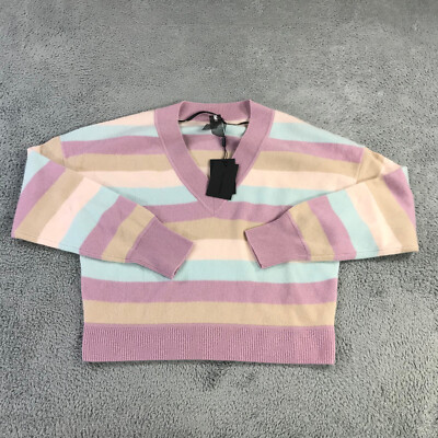 New Naadam Sweater Womens Small Striped Deep V Neck Pullover Blue Pink  Purple