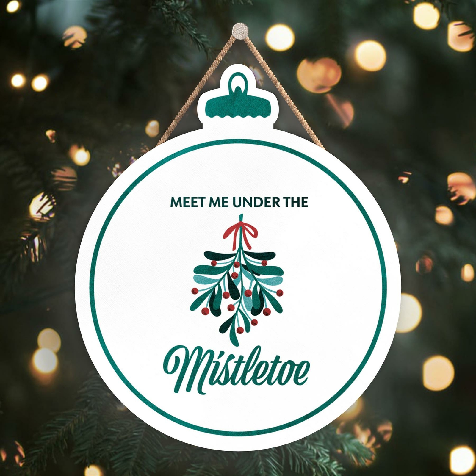 MEET ME UNDER THE MISTLETOE GREEN TYPOGRAPHY ON A BAUBLE SHAPED PLAQUE