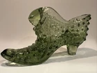 Vintage Fenton Olive Green Glass Shoe Slipper Hobnail Cat's Head Pattern