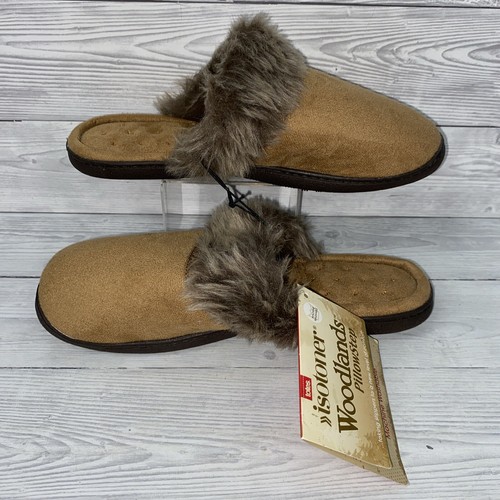 Totes Woodlands Pillow Step Tan Faux Fur Trim Slippers Size 7 PK