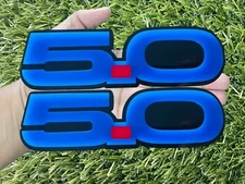 5.0 Emblem Badges Set of (2) Racing Aggressive Dark Blue On Black Car Emblems