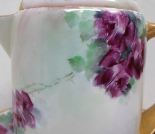 Antique ROSENTHAL SYRUP PITCHER, LID & LINER Purple ROSES Hand Painted Porcelain - Picture 3 of 9