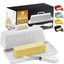 Ceramic Butter Dish Set with Lid and Knife - [White]- Decorative Butter Stick...