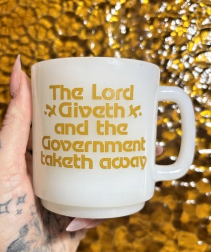 Vintage Glasbake White Milk Glass Mug "The Lord Giveth and the Lord Taketh Away"