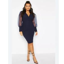 H17 NWT Boohoo PLUS ORGANZA PUFF SLEEVE WRAP DRESS