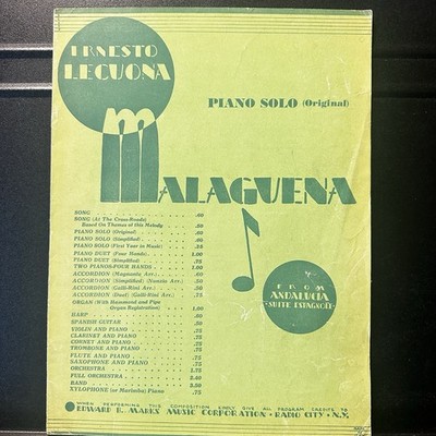Malaguena Ernesto Lecuona Piano Solo Sheet Music 1928 Andaluca Suite Espagnole