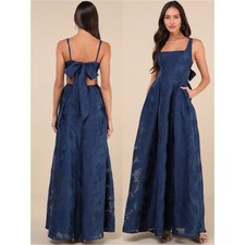 NWT Lulu’s Perfected Aura Navy Jacquard Tie-Back Maxi Dress with Pockets Large