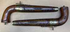VERY RARE Knife Pair Carved Handles Matched Carved Wood Sheaths Brass Trim-INDIA