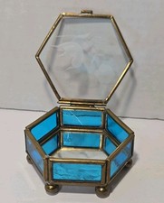 Vintage stained glass brass trim etched Floral bird Blue Trinket Jewelry Box