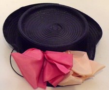 Vintage 40s Navy Blue Straw Fascinator Hat Pink Bows New York Creation