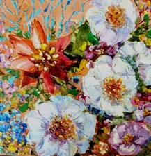 ORIGINAL Painting OIL impasto  ABSTRACT FLOWERS  8"x8"by Olga Diduh.