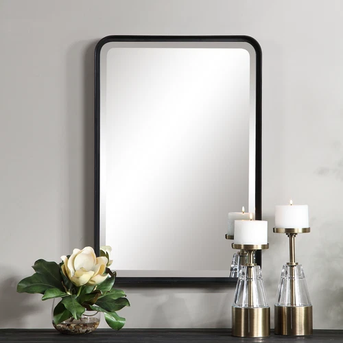 Minimalist Rustic Black Metal Wall Mirror, 30" Thin Frame Curved Edge Vanity - Picture 4 of 7