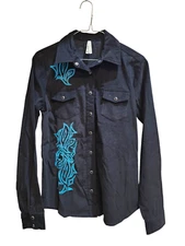 Roper Western Shirt Women Small Black Corduroy Teal Embroidery Pearl Snap Button