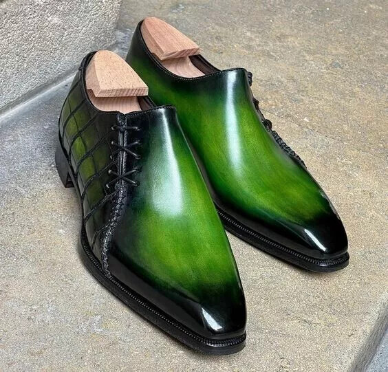 Bespoke Men's Handmade Shiny Crocodile Print Leather Side Lace Up Dress  Shoe Men