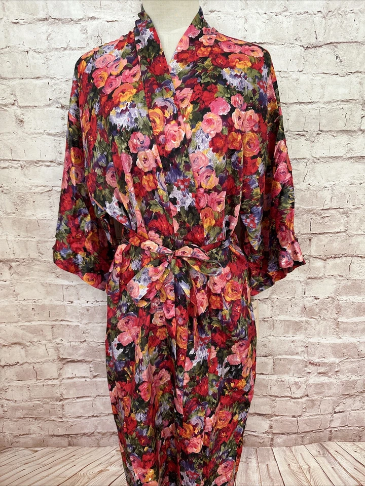 Cinema Etoile Mujer Vintage Años 80 Largo Satinado Kimono Bata Floral Cinturón Talla M Nuevo de Lote Antiguo Foto 2 de 4
