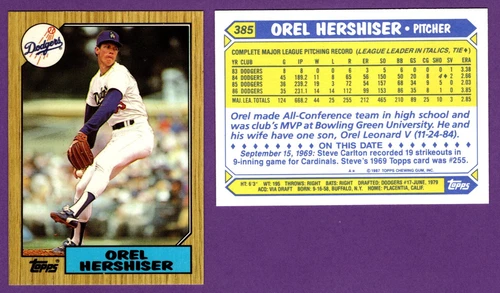 Orel Hershiser L.A. Dodgers 1987 Topps Baseball #385 TIFFANY GLOSSY PARALLEL