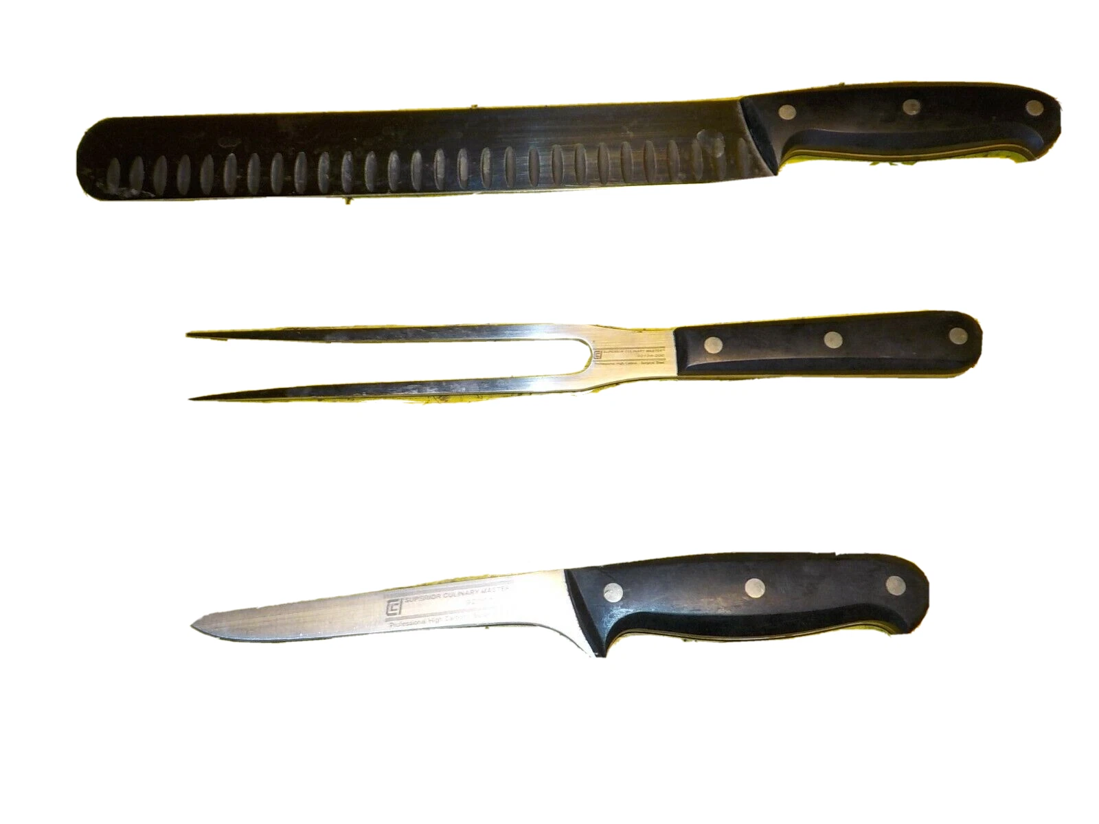 (3pc) Professional Culinary Carving Knife Set: Boning, Fork & Slicing / Granton
