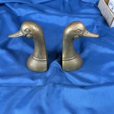 VINTAGE LEONARD BRASS DUCK BOOK ENDS PAIR MALLARD GOOSE CABIN DECO HUNTING LODGE