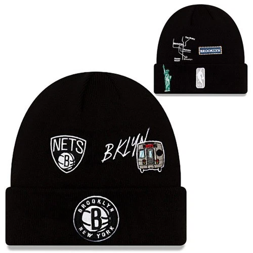 New Era Brooklyn Nets Black Beanie Hat Knit Identity Cuffed Winter Skully Cap