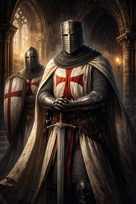 Templar Vigil In The Cathedral Medieval Knights Poster Print Framed Canvas Art