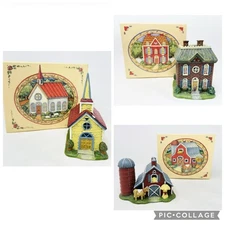 3 Lang & Wise Town Hall Collectibles Buildings w/ Boxes Barn Valley Church House