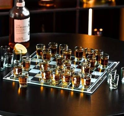 Chess Board And Pieces Game Set with Shot Cups -Perfect for Bar Amd Gatherings