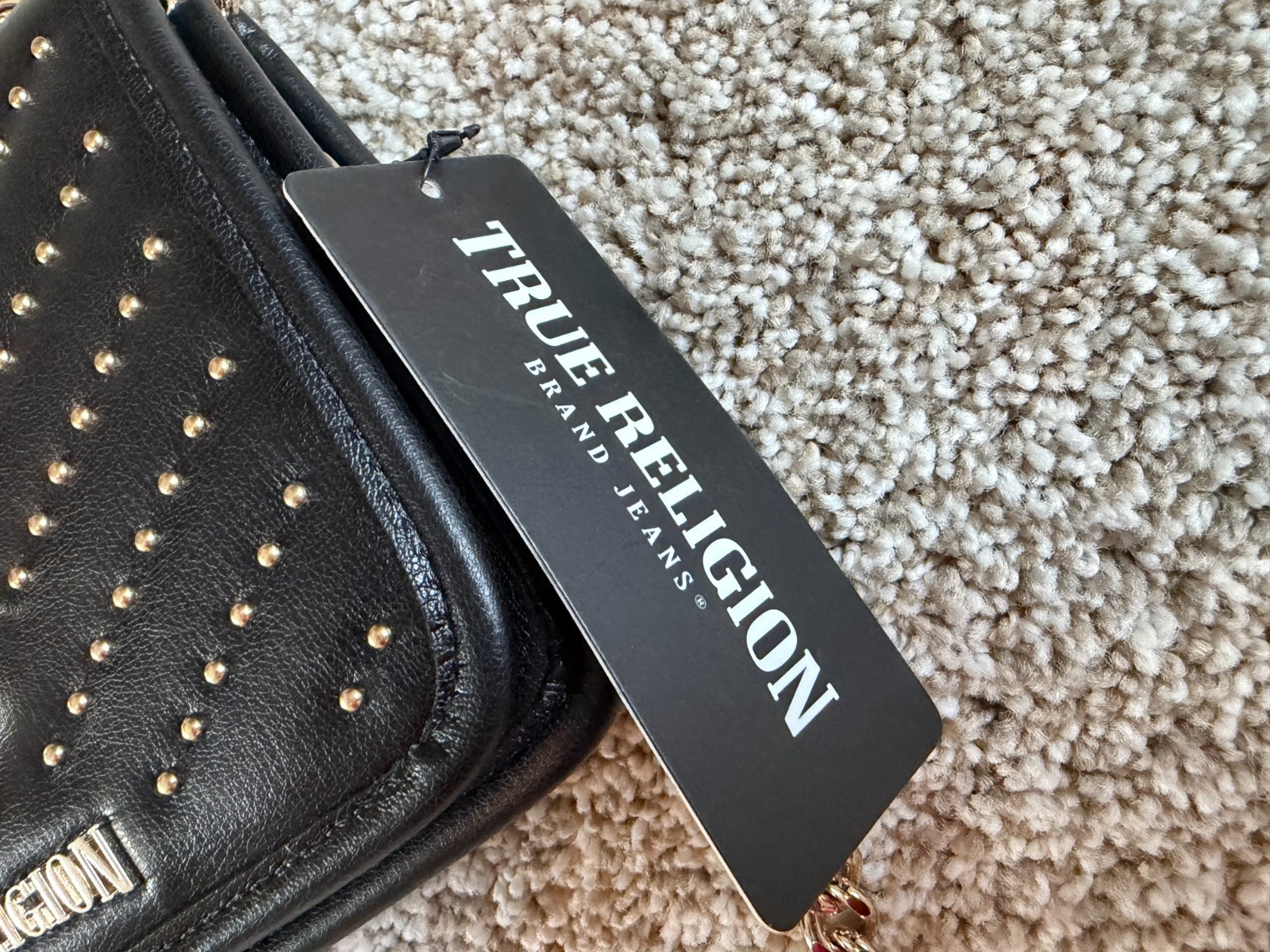 NWT True Religion Black and Gold Studded Women's Crossbody Chain Bag Purse thumbnail 2