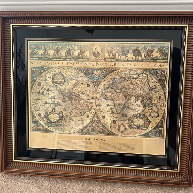 Vintage World Map Blaeu Hemisphere Novi Orbis Wall Map Framed Gold Foil VGC