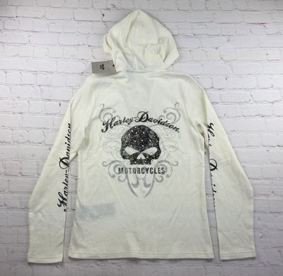 NEW Harley Davidson Hooded Henley Lace up Neckline Shirt Cream w/Stud Skull LG