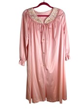 Vintage Lorraine Pink Nylon Nightgown Lace Trim Button Front Size Large
