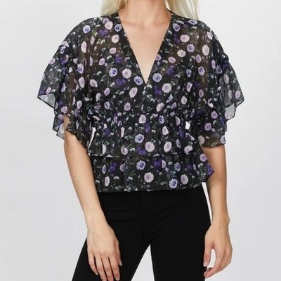 NWT The Kooples 100% Silk Retail $295 Peplum Floral Blouse V-Neck Ruffle Top
