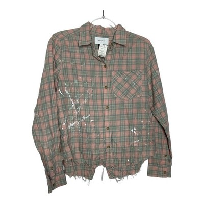 Current Elliot Womens Top 0 Pink The Ivie Shirt Sunshine Plaid Paint Splatter