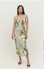 Floral Satin Long Dress Sweetheart Neckline Bow Straps Green White Ruched