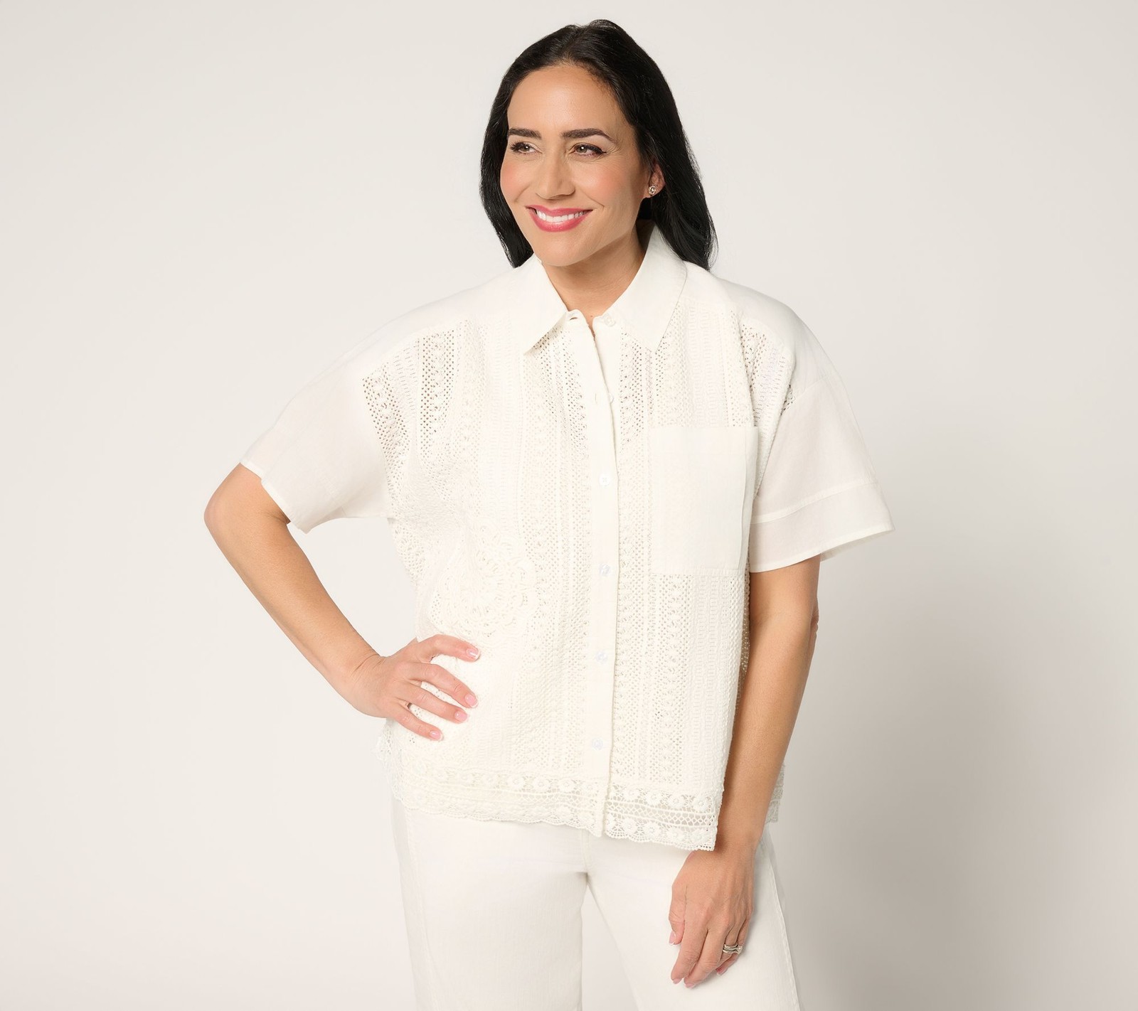 LOGO Lavish by Lori Goldstein Women's Top Sz M 100% Cotton Mixed White A692539
