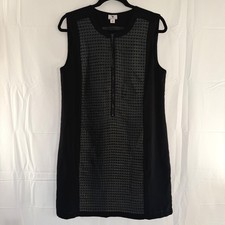 Worthington Black Sleeveless Shift Dress Faux Leather Scallop Zip Pockets 14