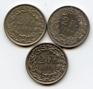 Lot 3 X 2 Francs 1973 1975 1995. SUISSE /108A
