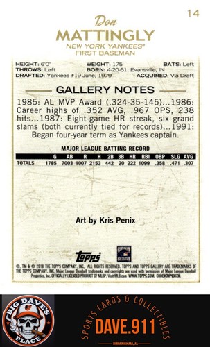 Don Mattingly 2018 Topps Gallery #14 New York Yankees - Picture 2 of 2