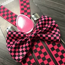 Pink Black Checker Suspenders and Bow Tie Matching Set Wedding Prom Adult