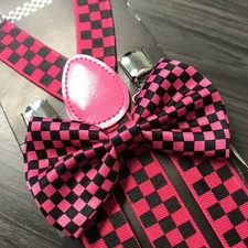 Pink Black Checker Suspenders and Bow Tie Matching Set Wedding Prom Adult 