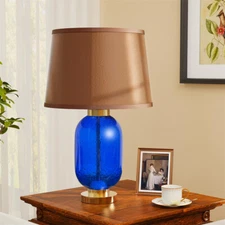 Blue Glass Table Lamp w/Fabric Shade Vintage Coastal Design 3 Colors for Bedroom