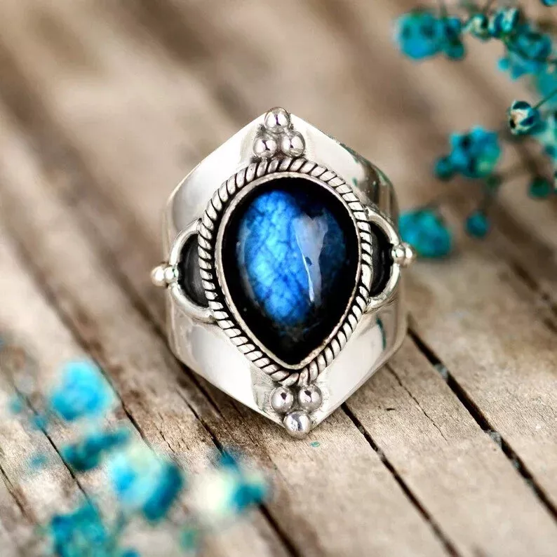 Labradorite Stone Ring 925 Sterling silver Handmade Ring Large
